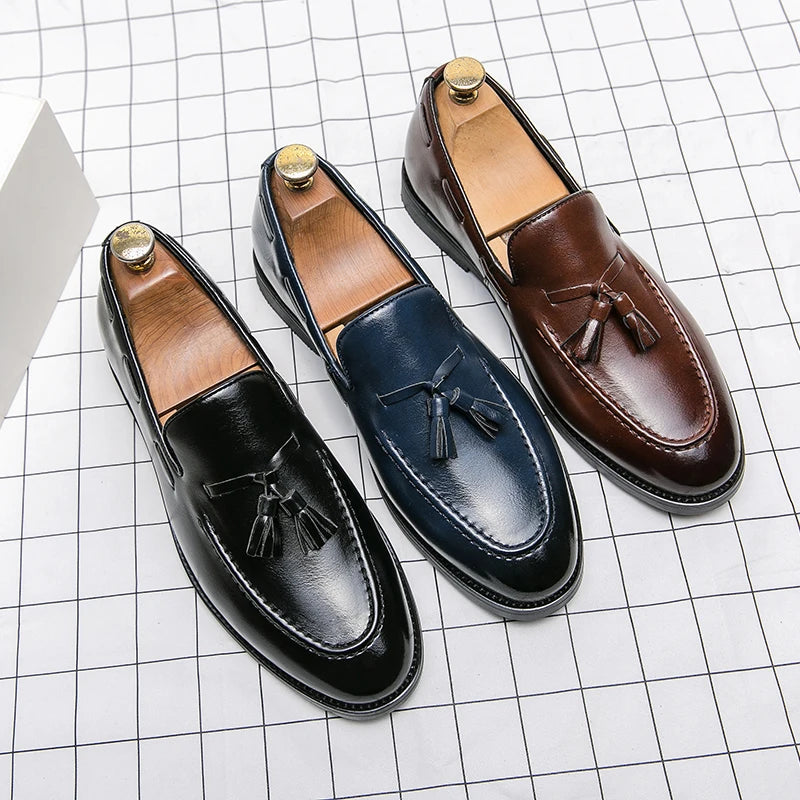 Size:38-46 American Academy Style Fringe Loafers for Men Men's Bottoms Casual Shoes Outdoor Fashion Blue Patent Leather Shoes